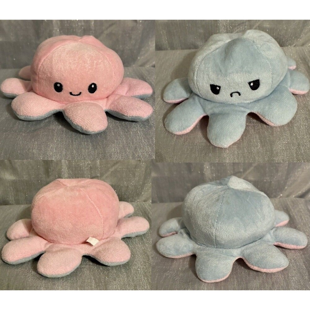 Reversible Octopus Plush Toy Mood Flip Happy Pink/ Angry Blue - 6x4 Emotion